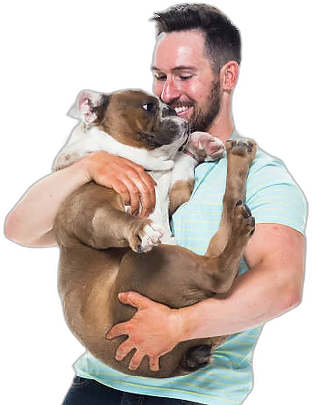 A man and his bulldog, covered in minutes